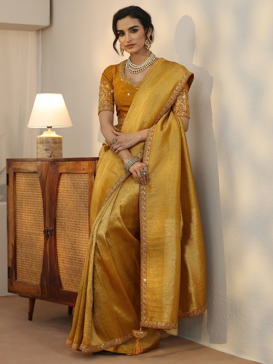 Mameraa Art Mustard Textured Silk Blend Saree with Embellished Border