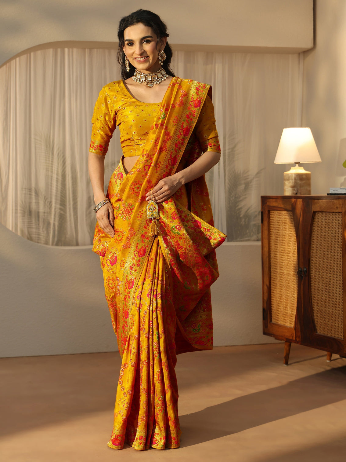 Mameraa Art Mustard Woven Design Silk Blend Saree