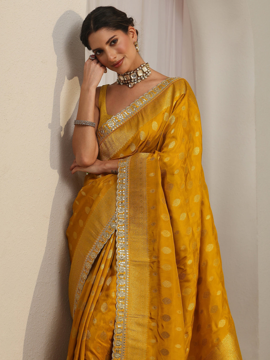 Mameraa Art Mustard Woven Design Silk Blend Saree