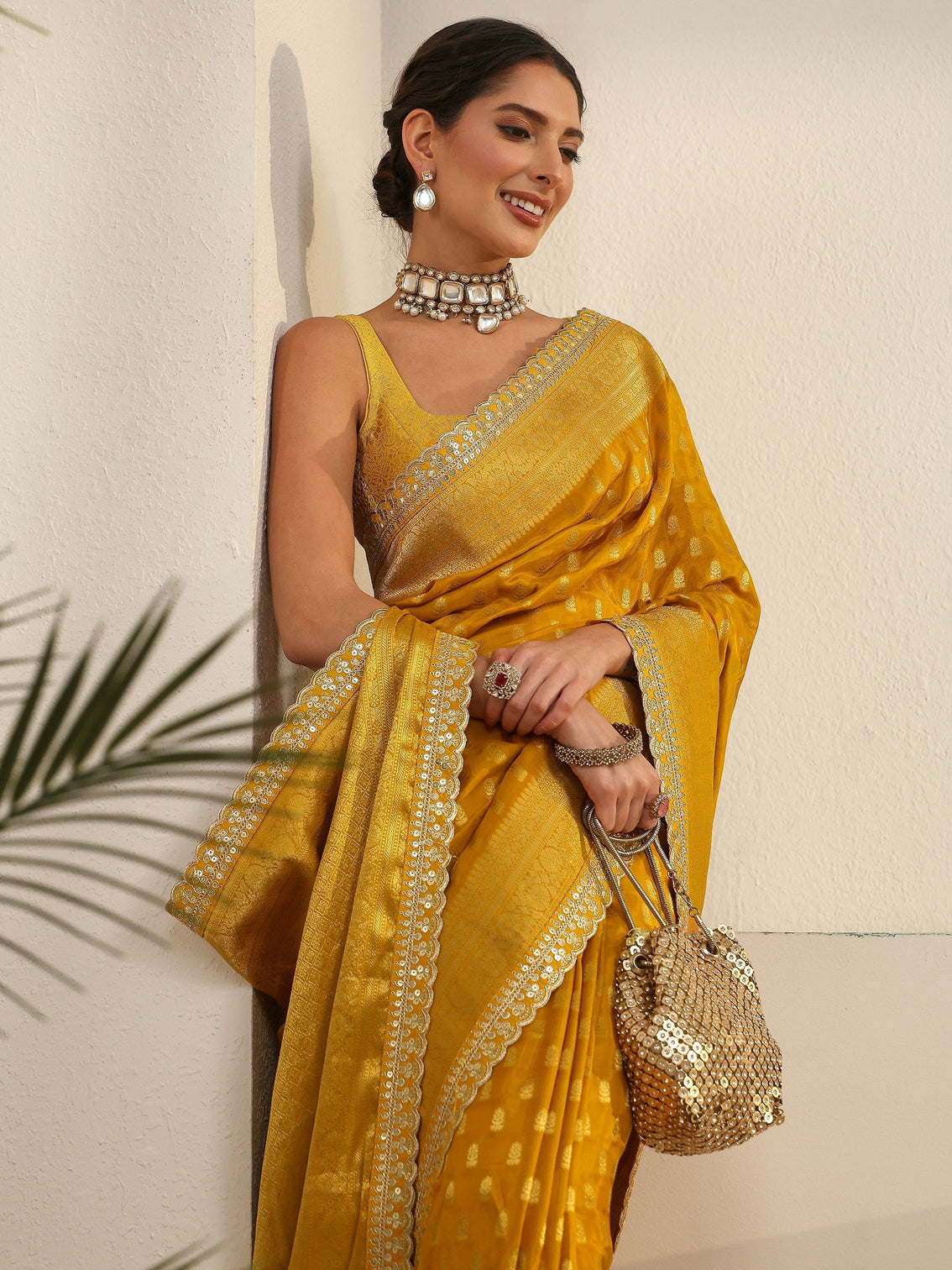 Mameraa Art Mustard Woven Design Silk Blend Saree