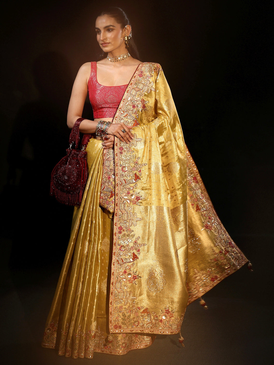 Mameraa Art Mustard Woven Design Silk Blend Saree with Embroidered Border