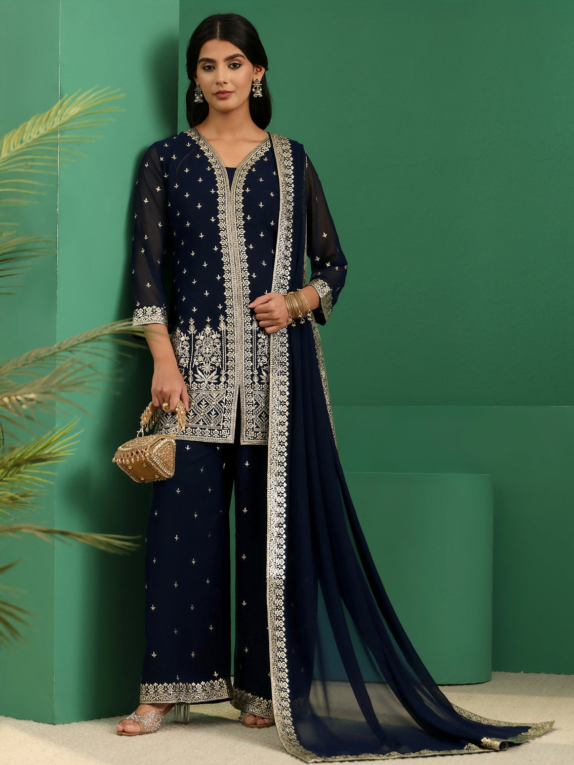 Mameraa Art Navy Blue Embellished Georgette Palazzo Suit Set