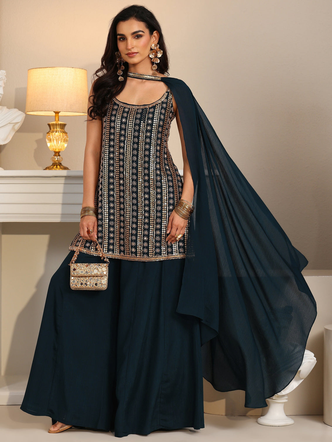 Mameraa Art Navy Blue Embellished Strappy Chinon Palazzo Suit Set