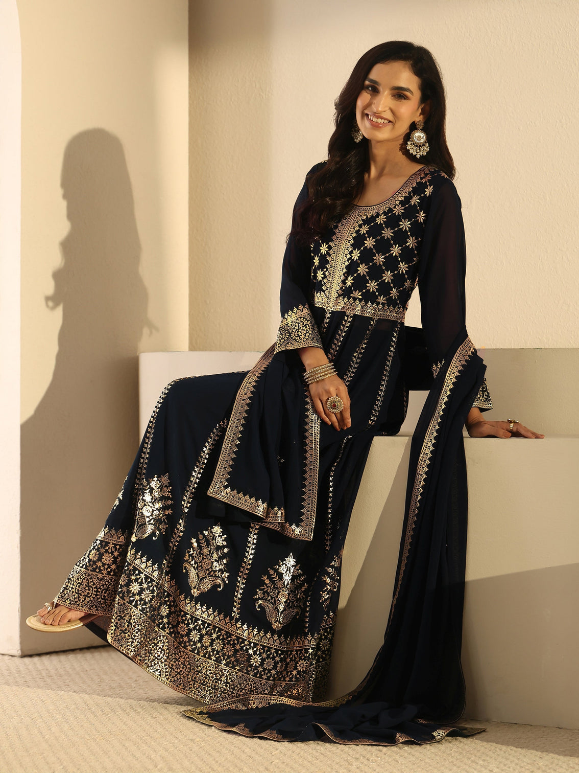 Mameraa Art Navy Blue Floral Embroidered Georgette Anarkali Suit Set