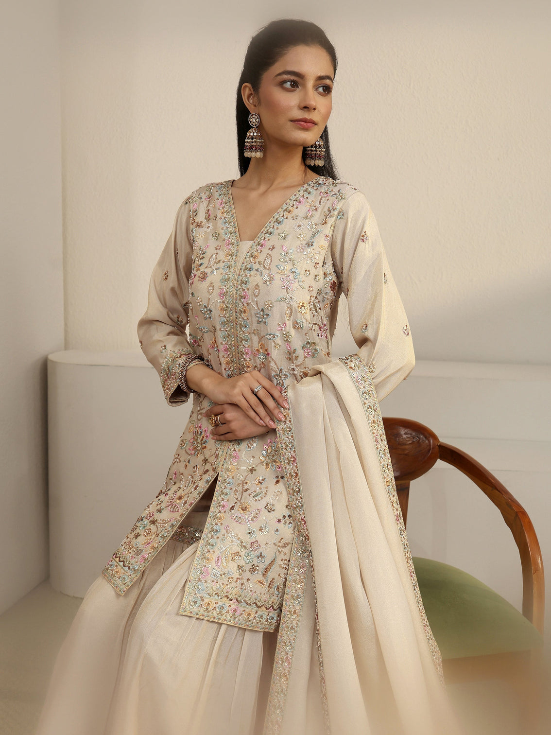 Mameraa Art Off White Floral Embroidered Organza Palazzo Suit Set