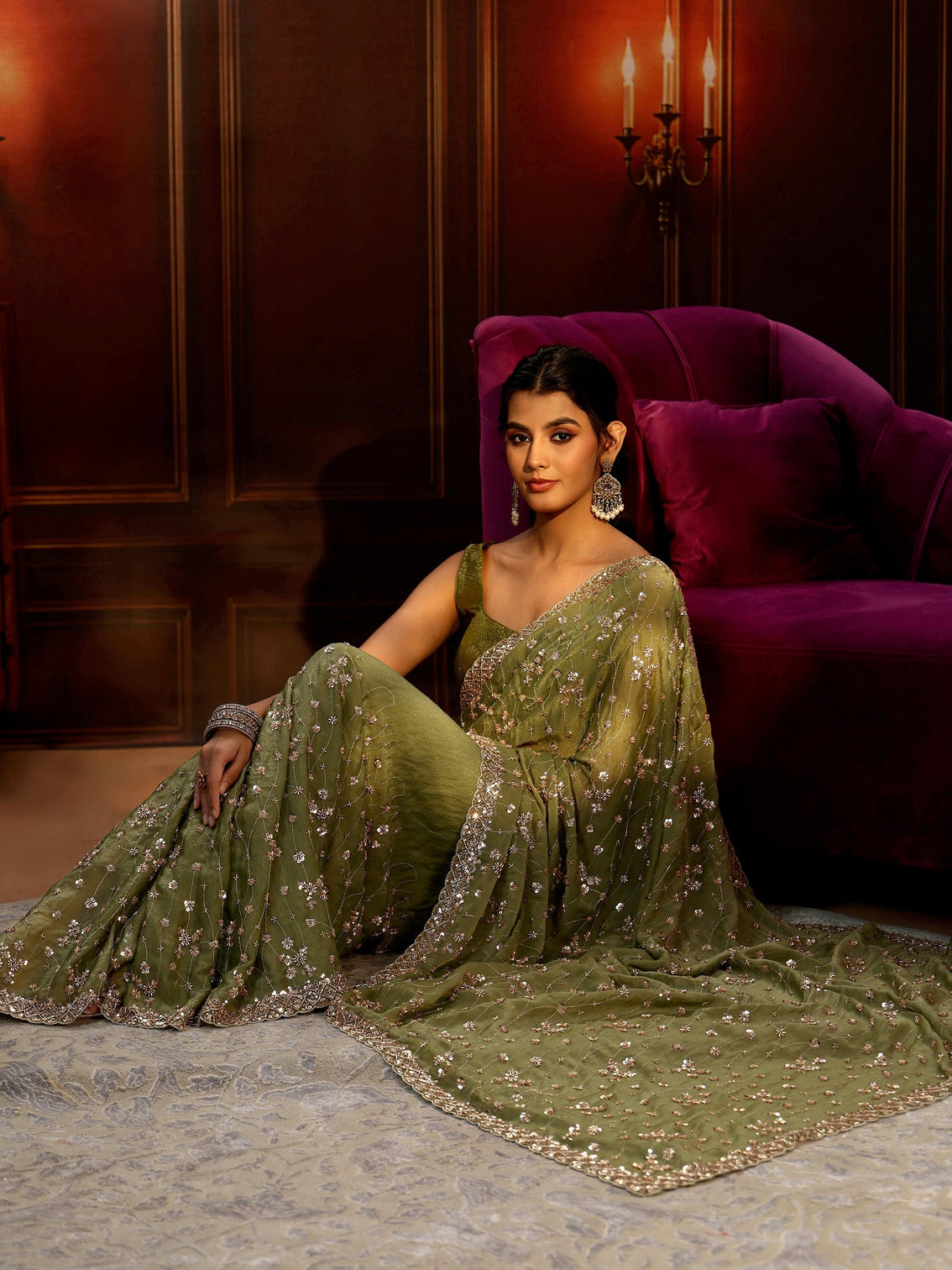 Mameraa Art Olive Green Embellished Tissue Saree