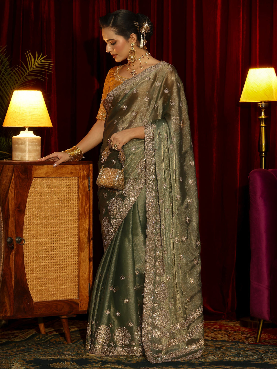 Mameraa Art Olive Green Floral Embellished Tissue Saree