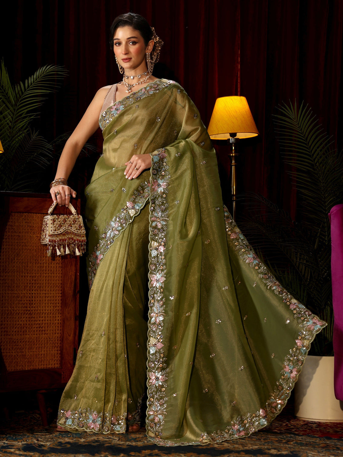 Mameraa Art Olive Green Sequin Embellished Tissue Saree