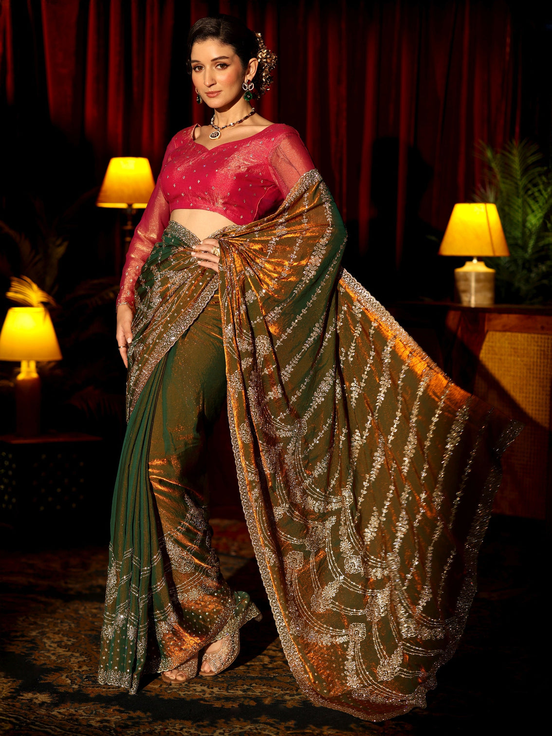 Mameraa Art Olive Sequin Embellished Tissue Saree