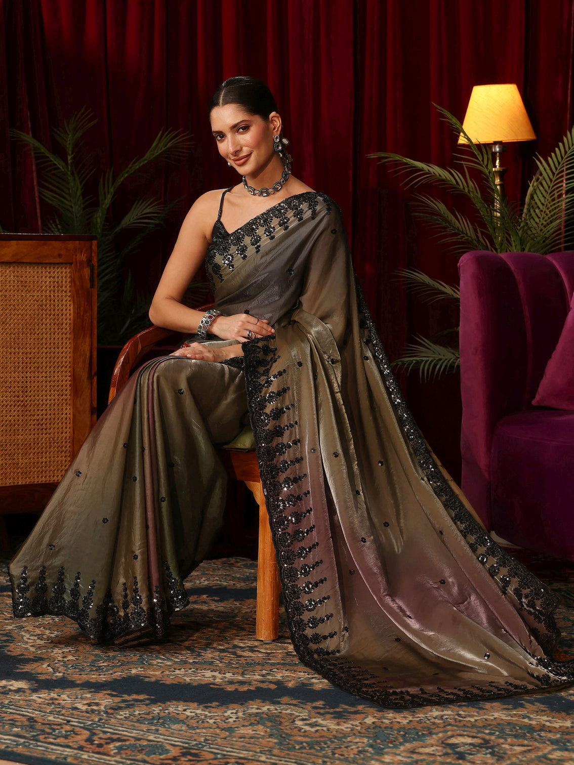 Mameraa Art Ombre Brown Tissue Saree with Sequin Embellished Border