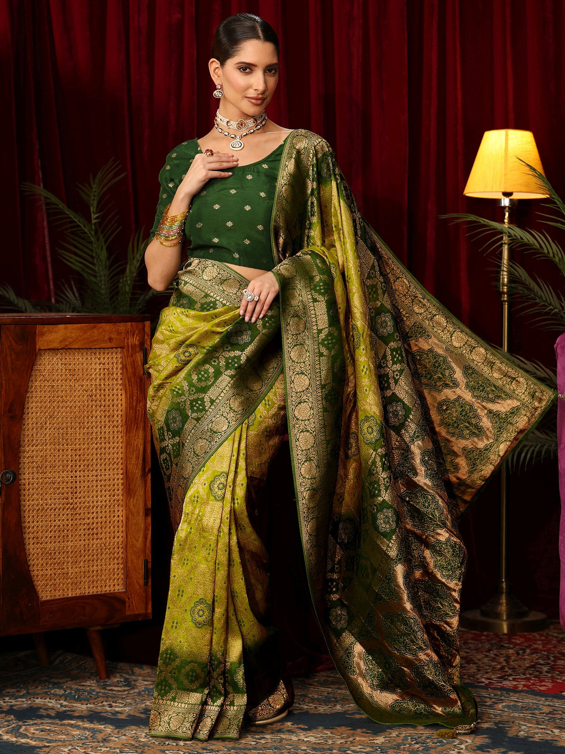 Mameraa Art Ombre Green Silk Blend Saree with Patola Pallu