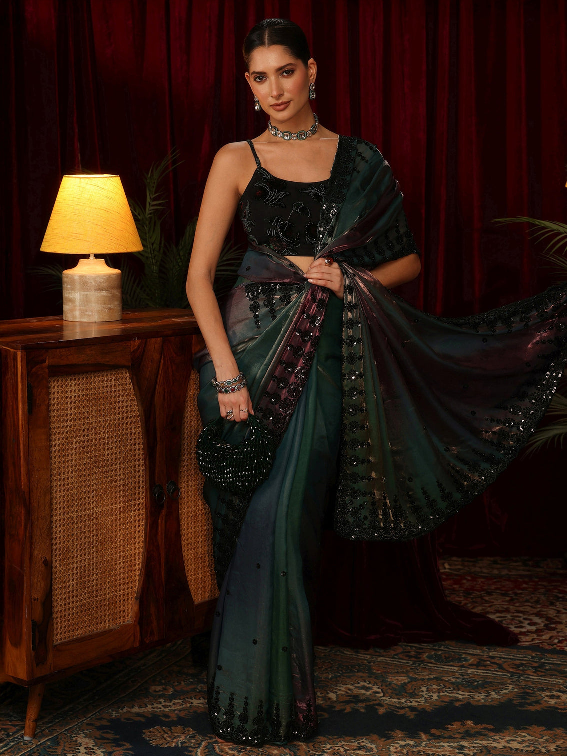Mameraa Art Ombre Peacock Blue Tissue Saree with Sequin Embellished Border