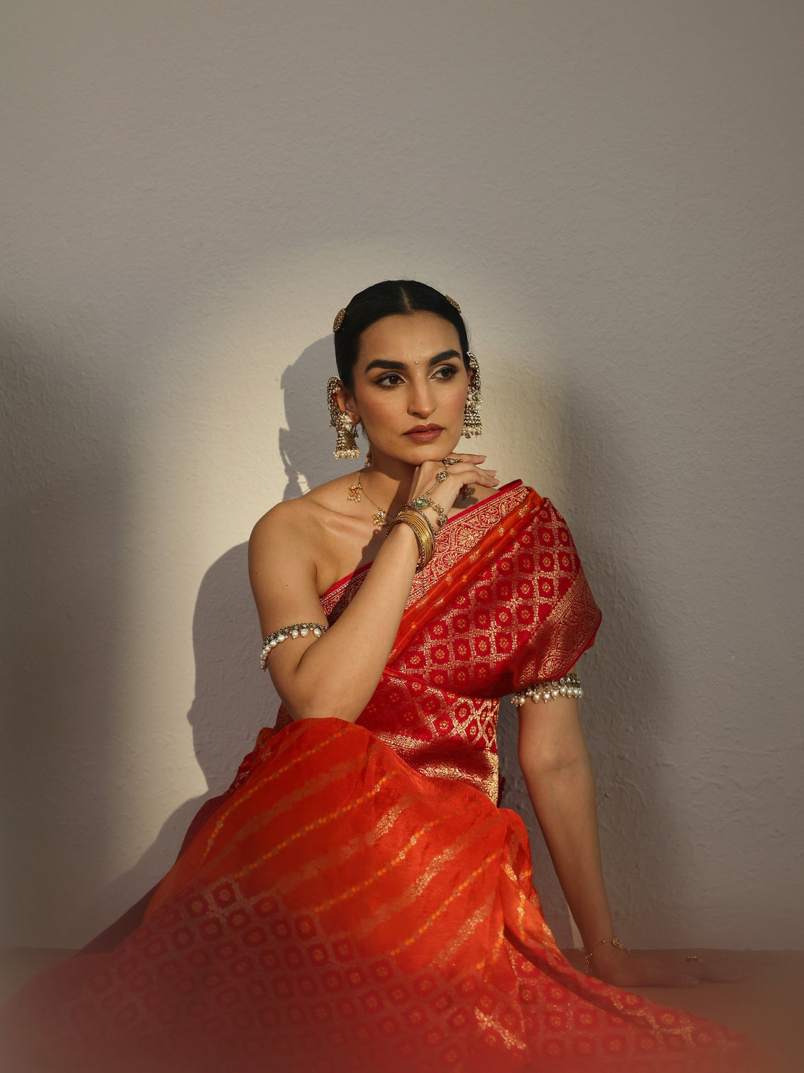 Mameraa Art Ombre Red and Orange Woven Design Silk Blend Saree