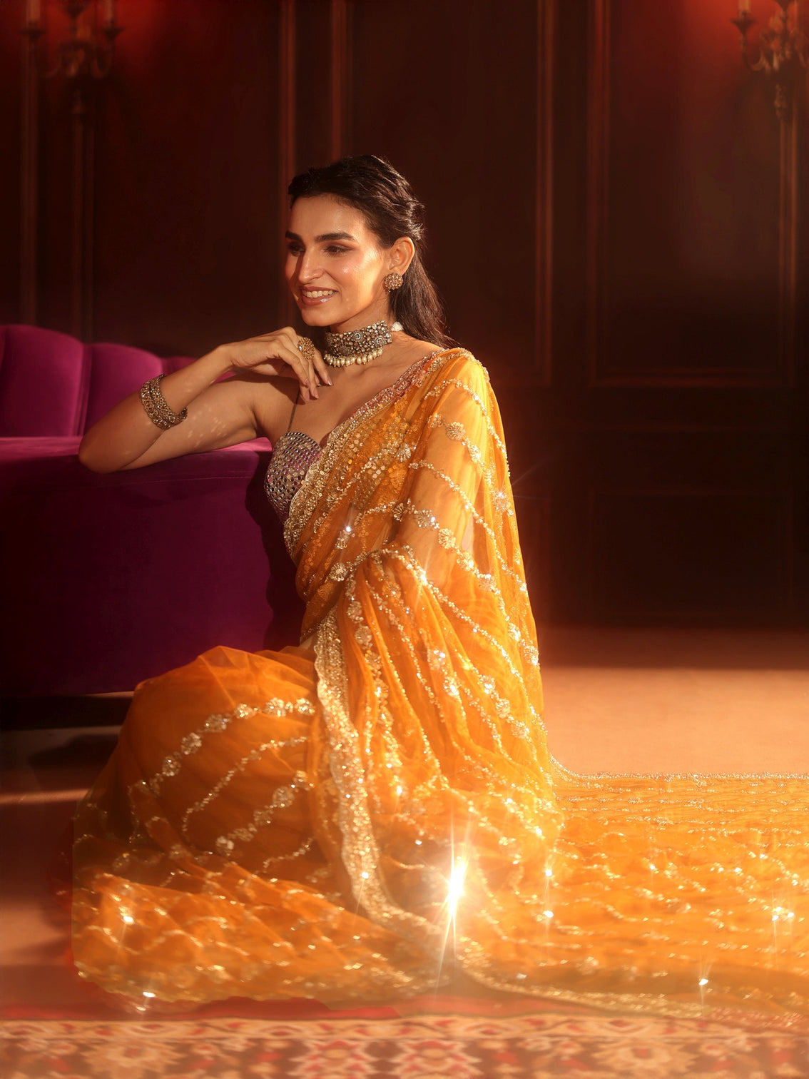 Mameraa Art Orange Embellished Net Saree