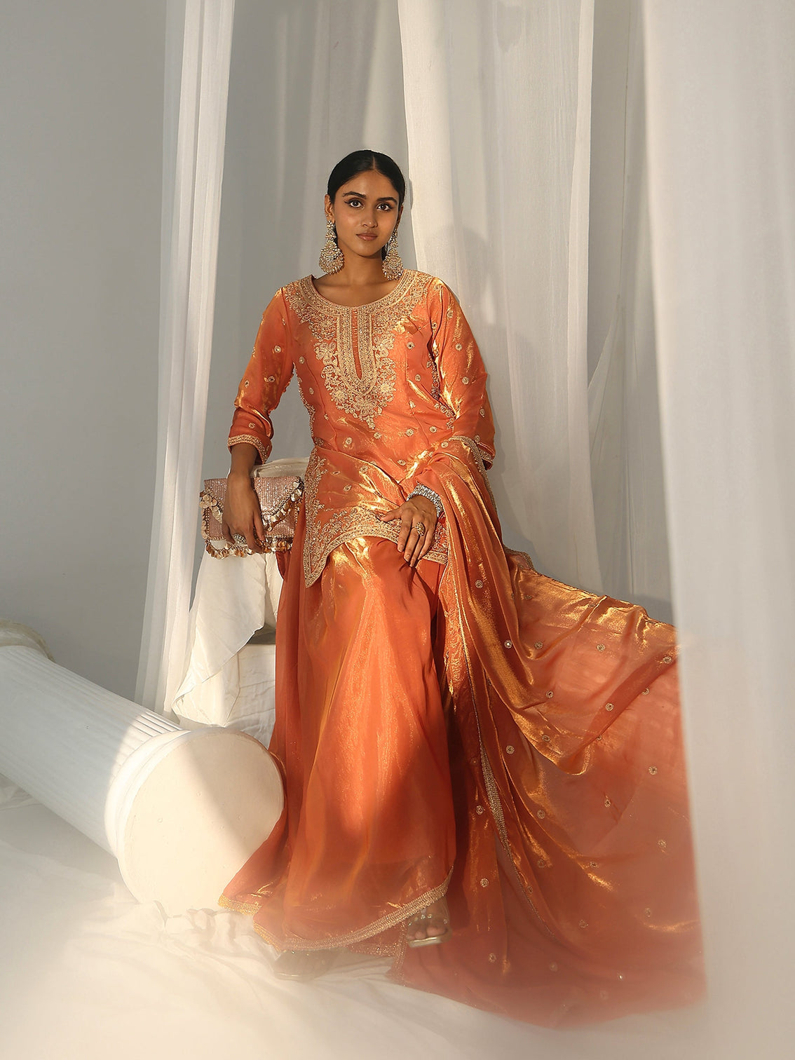 Mameraa Art Orange Embellished Silk Blend Palazzo Suit Set
