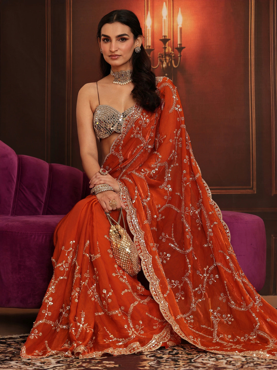 Mameraa Art Orange Embellished Tissue Saree