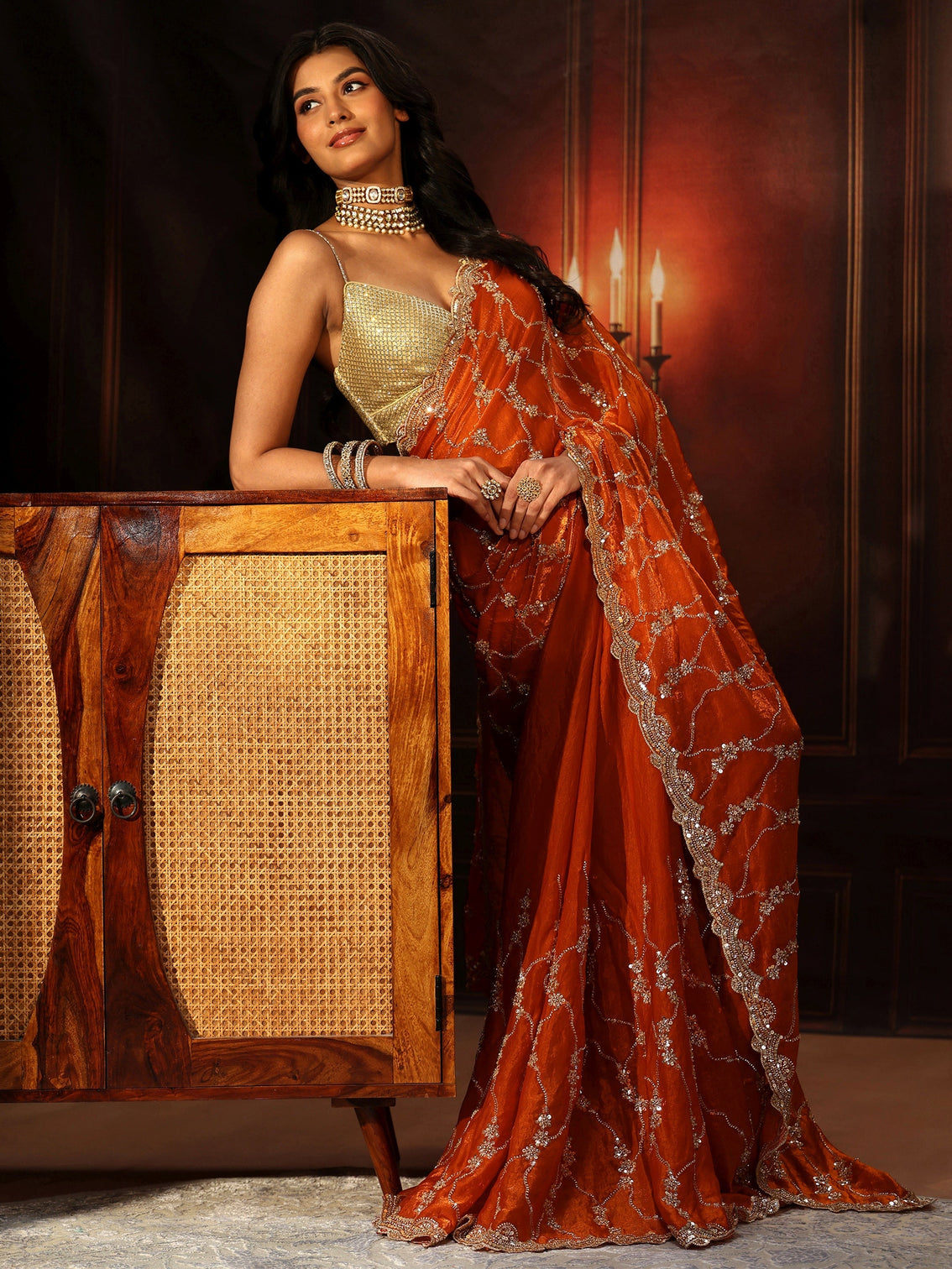 Mameraa Art Orange Embellished Tissue Saree