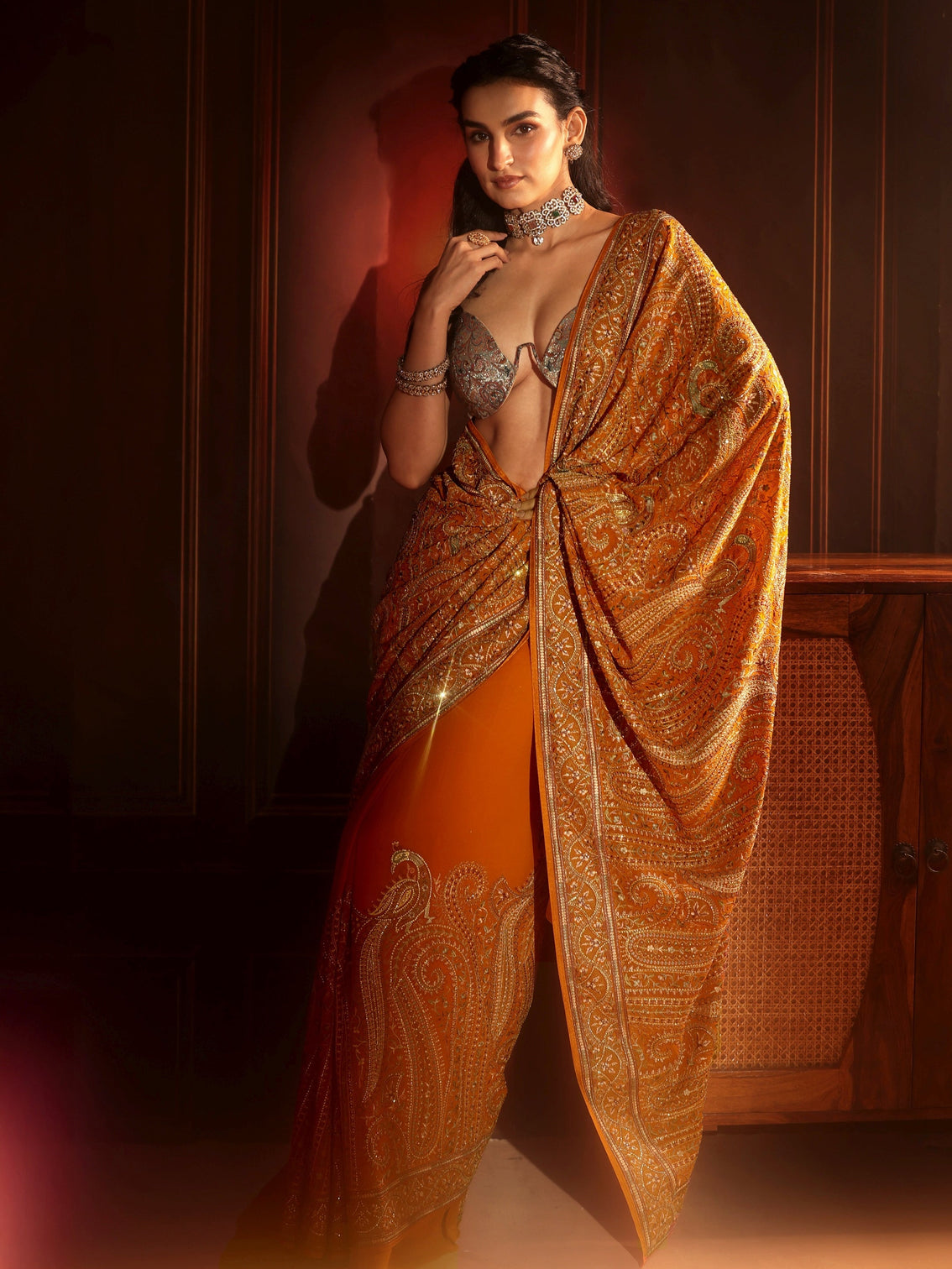 Mameraa Art Orange Embroidered Georgette Saree