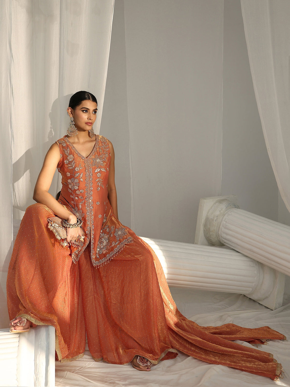 Mameraa Art Orange Floral Embellished Sleeveless Silk Blend Palazzo Suit Set