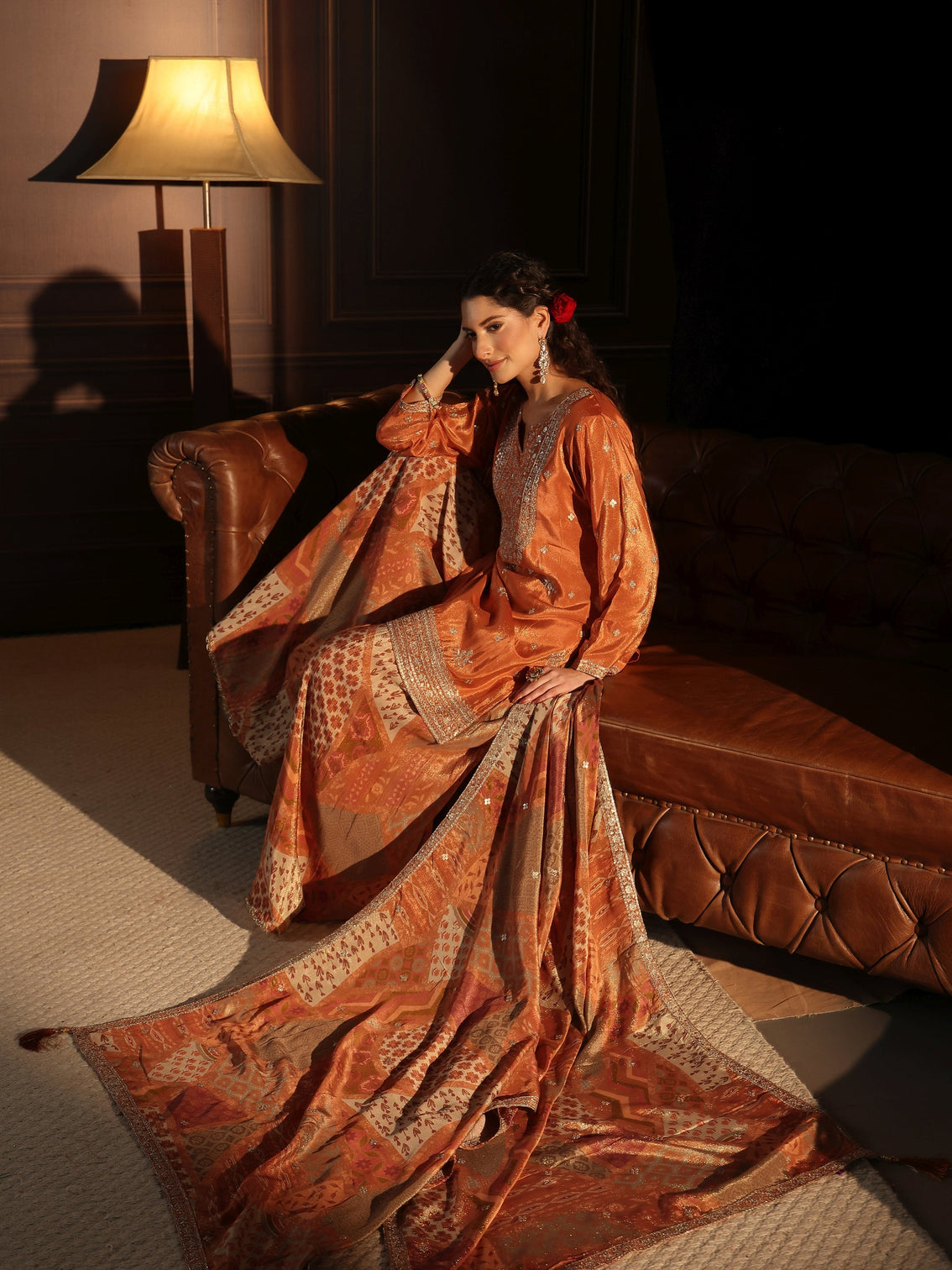 Mameraa Art Orange Floral Embellished Tissue Palazzo Suit Set