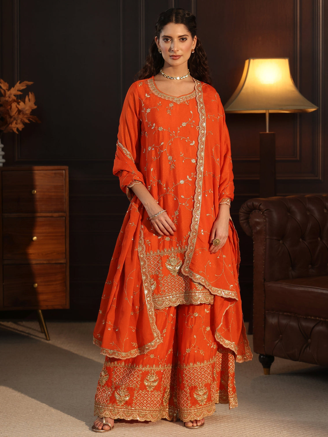 Mameraa Art Orange Floral Zari Embroidered Chinon Palazzo Suit Set