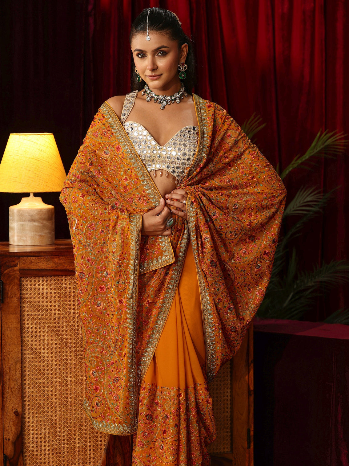 Mameraa Art Orange Paisley Embroidered Georgette Saree