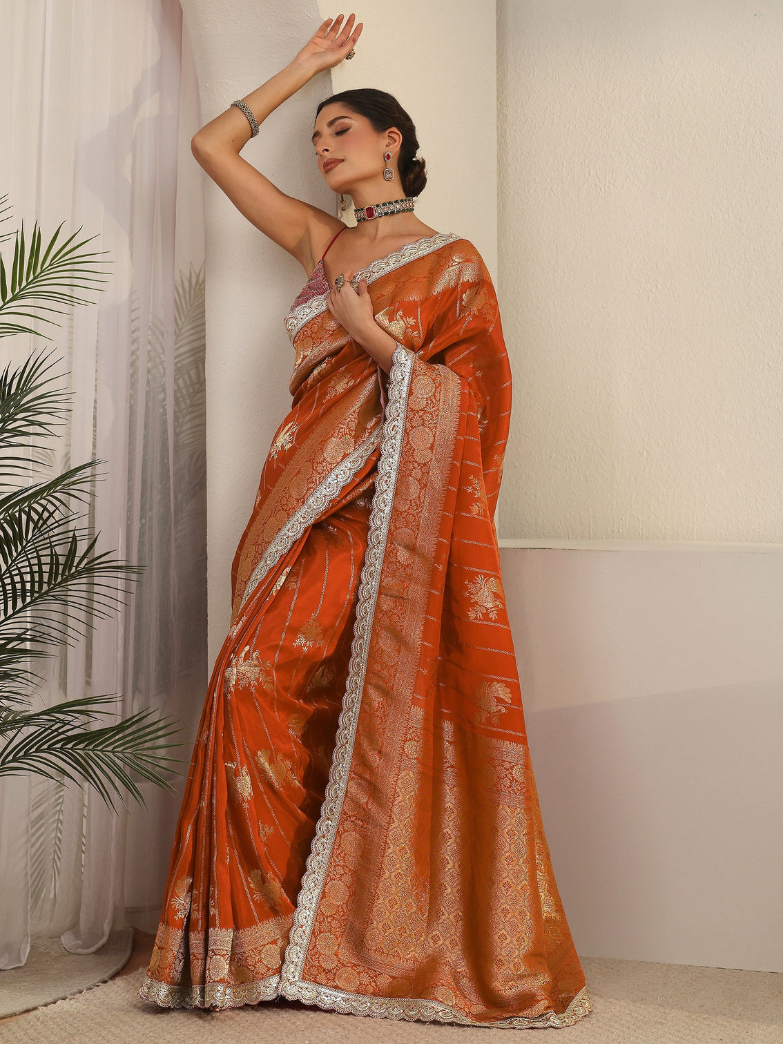 Mameraa Art Orange Peacock Woven Design Silk Blend Saree