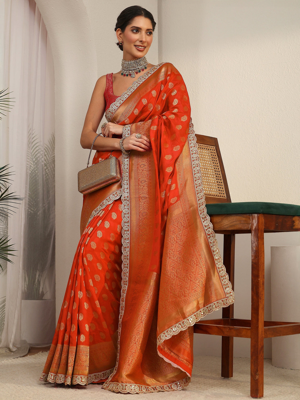 Mameraa Art Orange Woven Design Silk Blend Saree