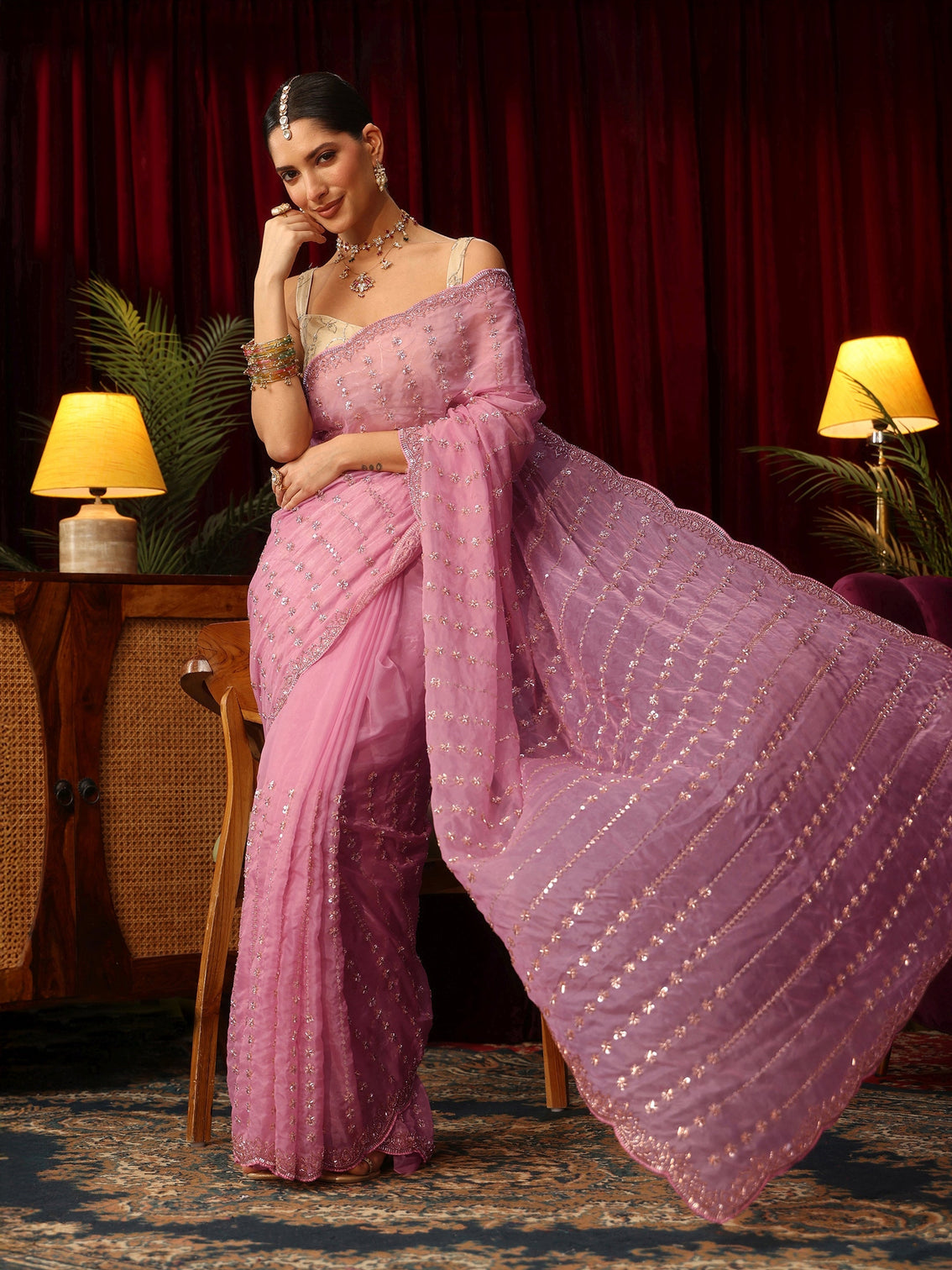 Mameraa Art Pansy Pink Sequin Embellished Tissue Saree
