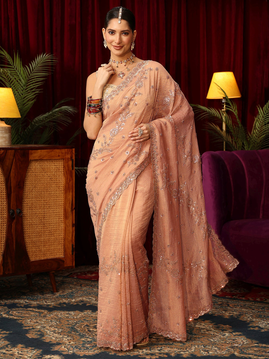Mameraa Art Peach Beads and Sequin Floral Embellished Tissue Saree