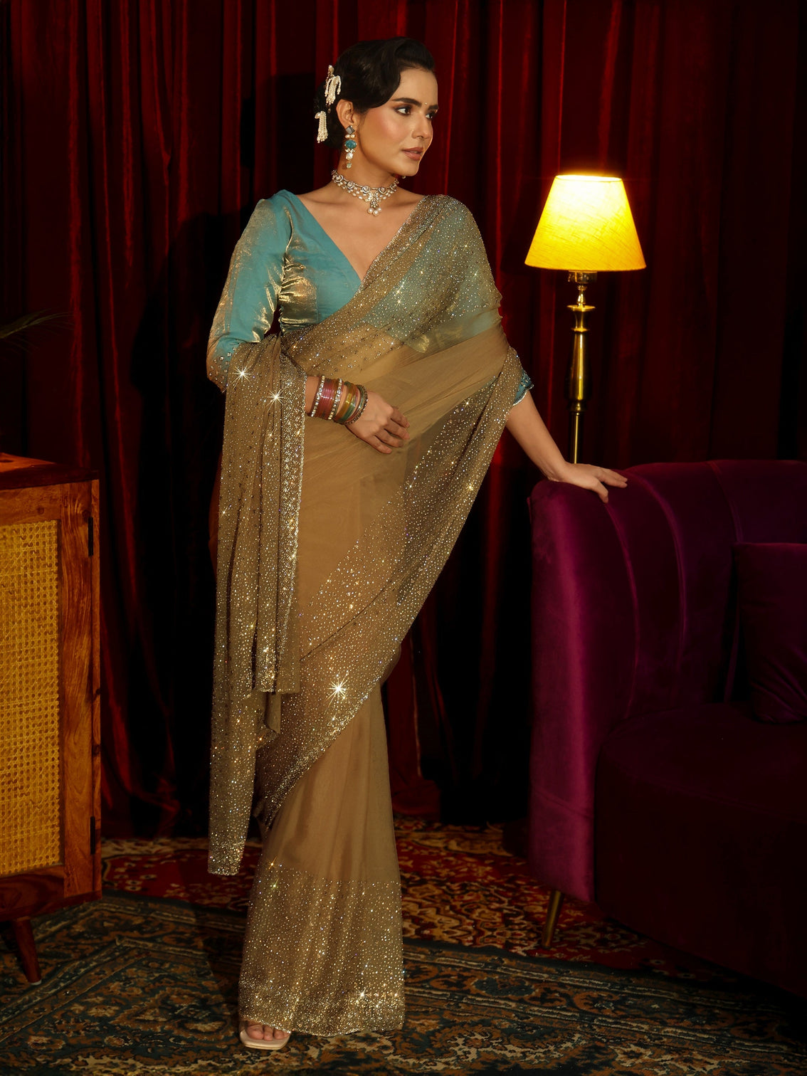 Mameraa Art Peach Embellished Tissue Saree