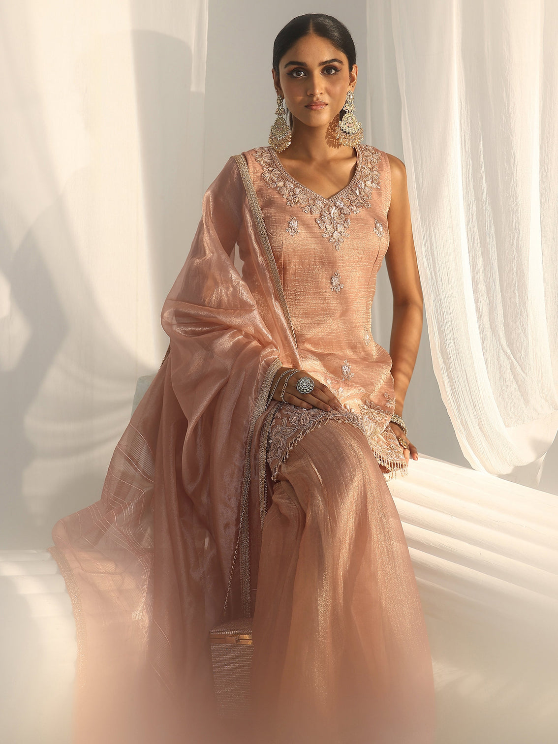 Mameraa Art Peach Floral Embellished Sleeveless Tissue Sharara Suit Set - Mameraa