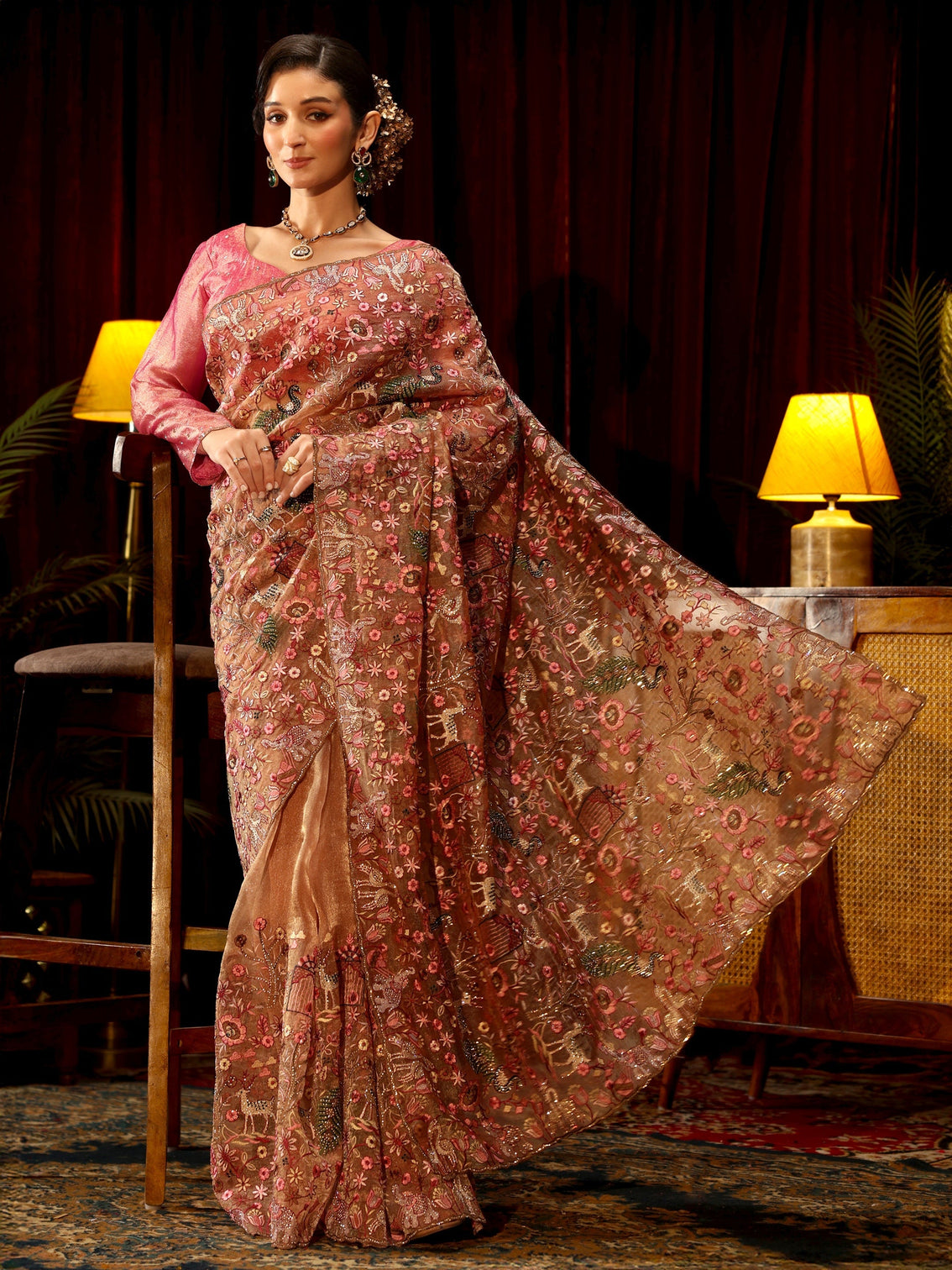 Mameraa Art Peach Floral Embroidered Tissue Saree