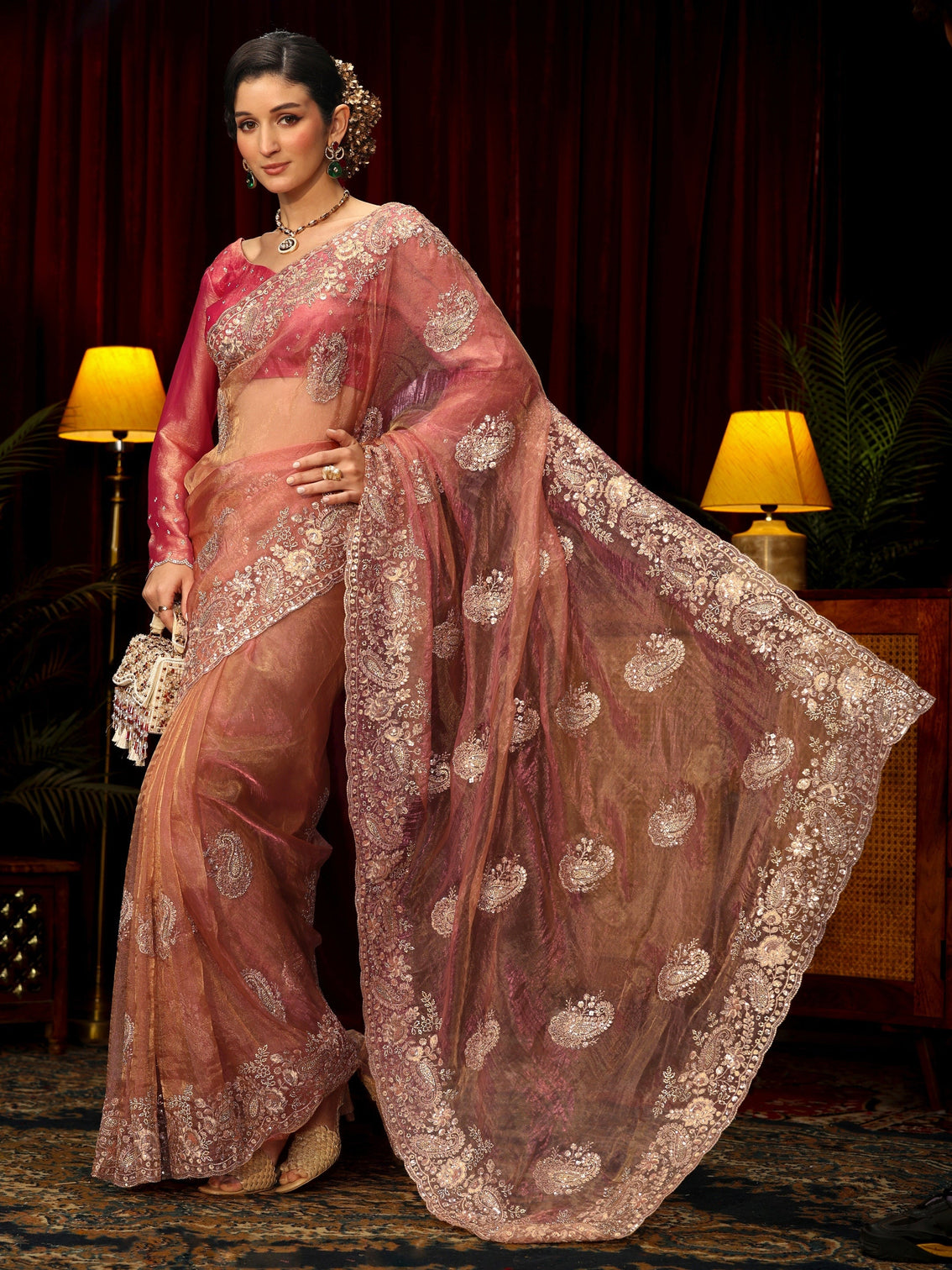 Mameraa Art Peach Paisley Sequin Embellished Tissue Saree