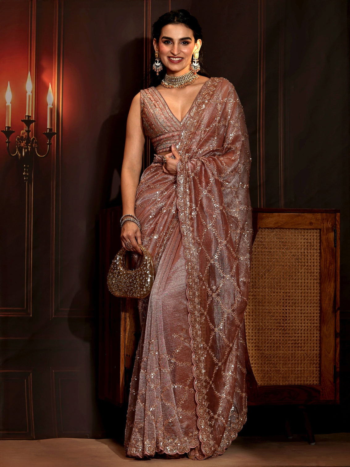 Mameraa Art Peach Pink Embellished Organza Saree