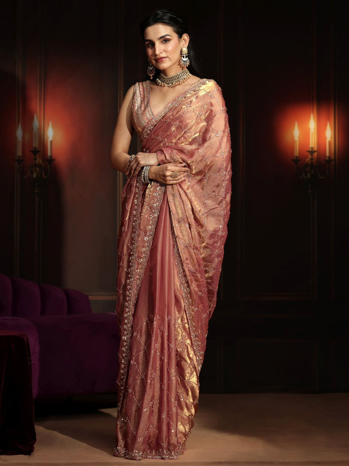 Mameraa Art Peach Pink Embellished Tissue Saree