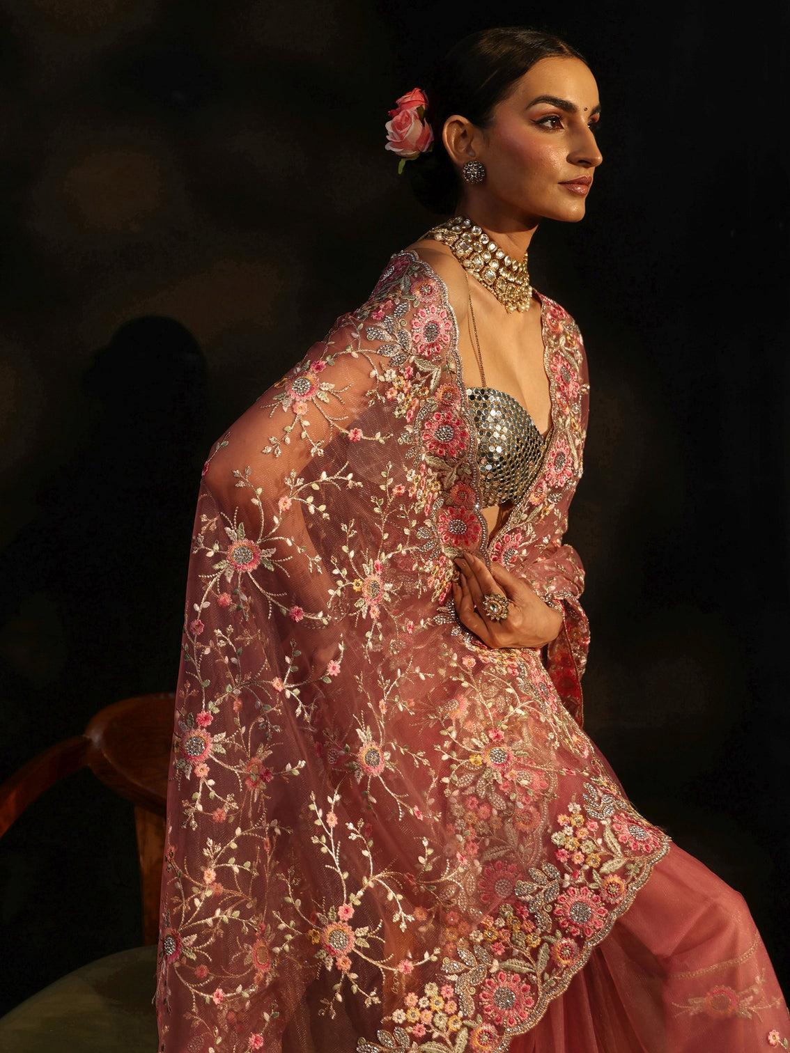 Mameraa Art Peach Pink Floral Embellished Net Saree