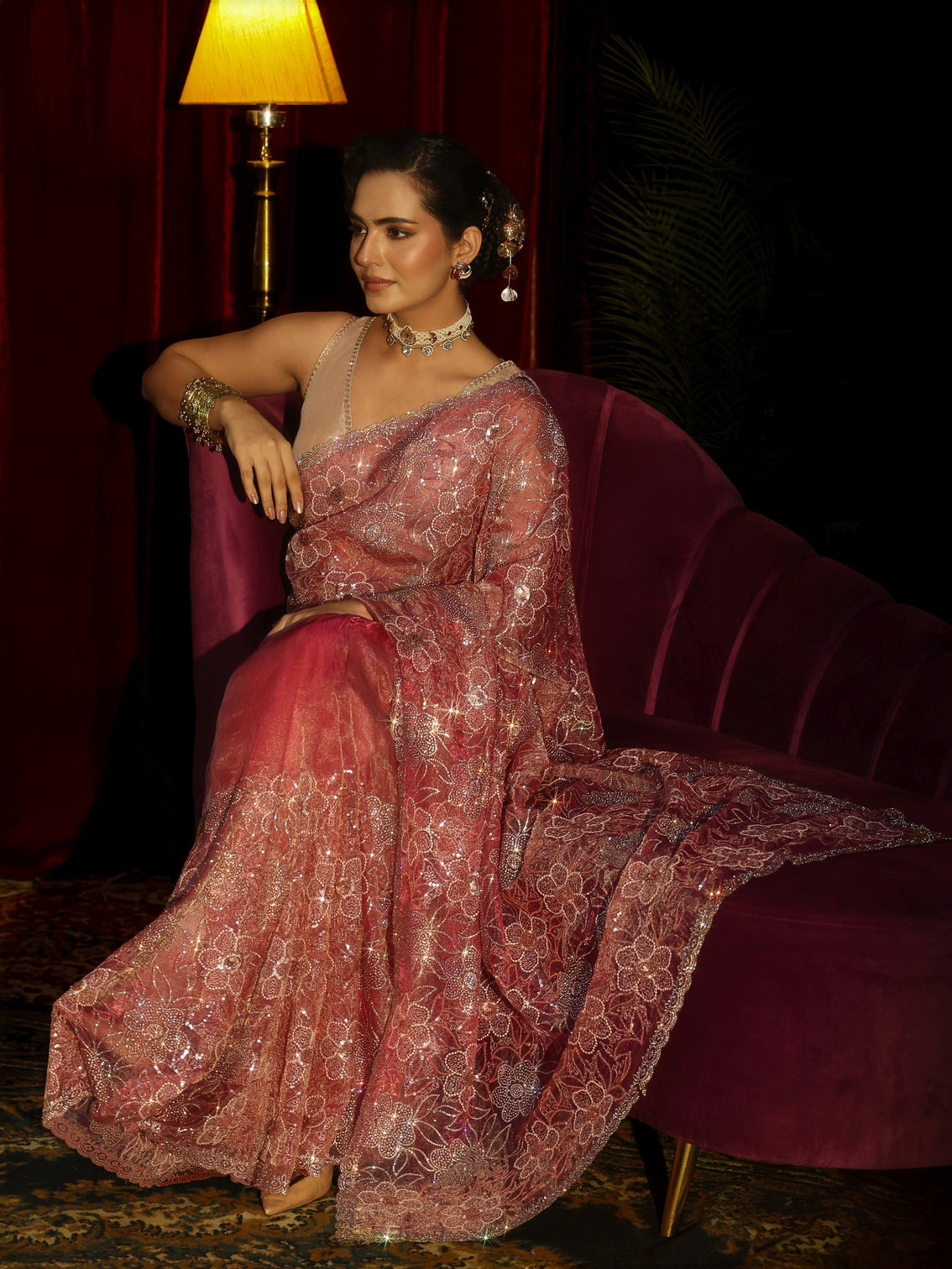 Mameraa Art Peach Pink Floral Embellished Tissue Saree