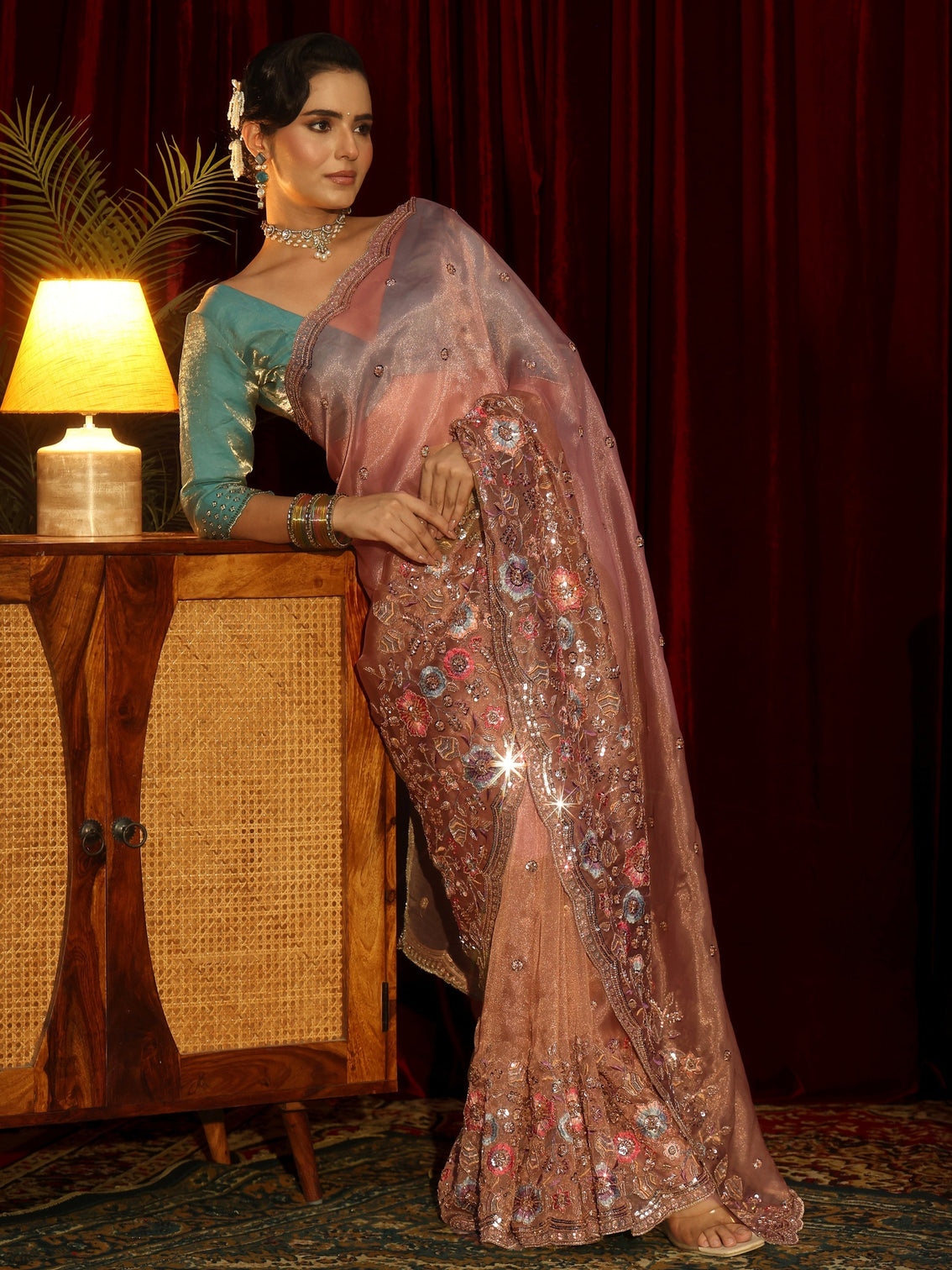 Mameraa Art Peach Pink Floral Embellished Tissue Saree
