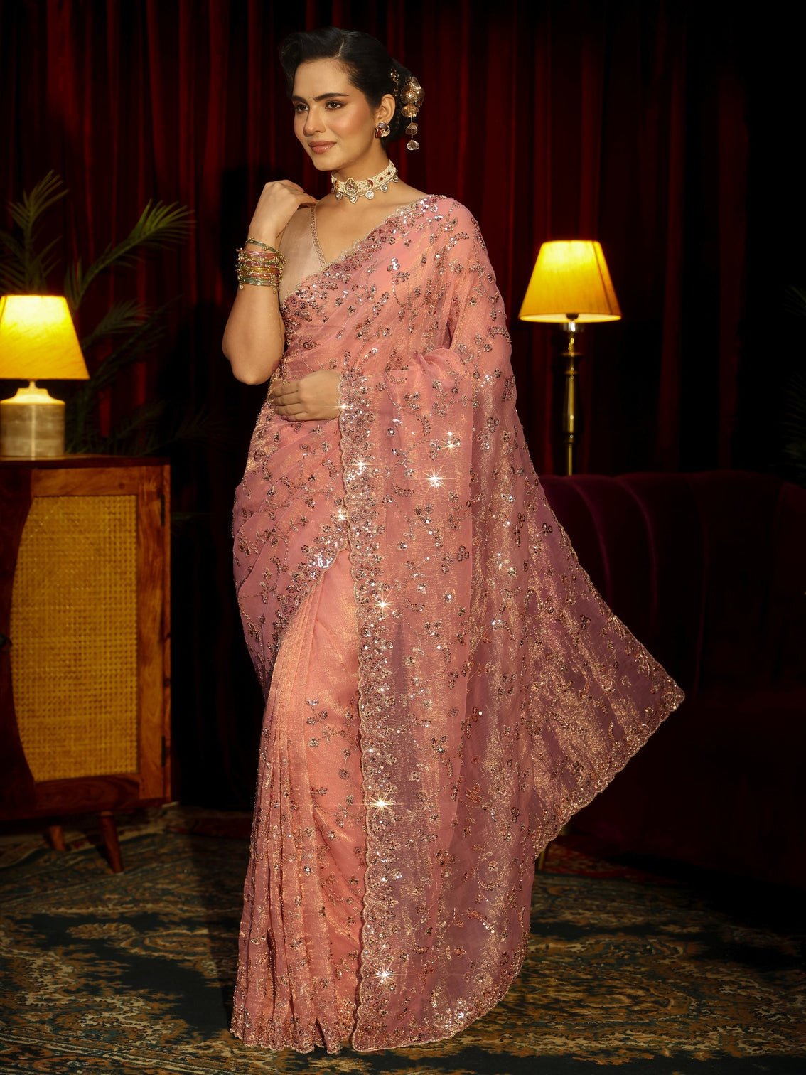 Mameraa Art Peach Pink Floral Embellished Tissue Saree