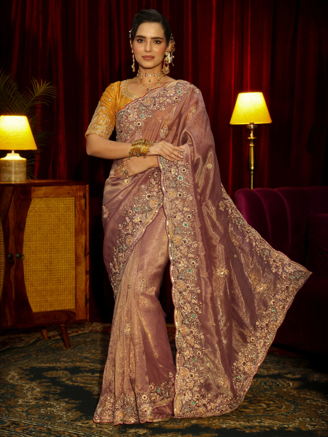 Mameraa Art Peach Pink Floral Embroidered Tissue Saree