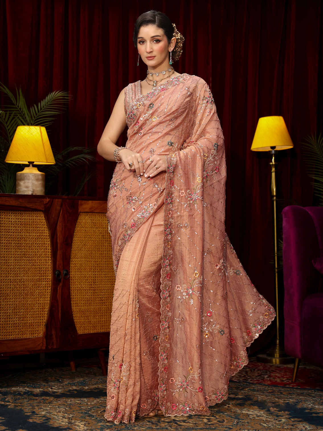 Mameraa Art Peach Pink Floral Sequin Embellished Tissue Saree