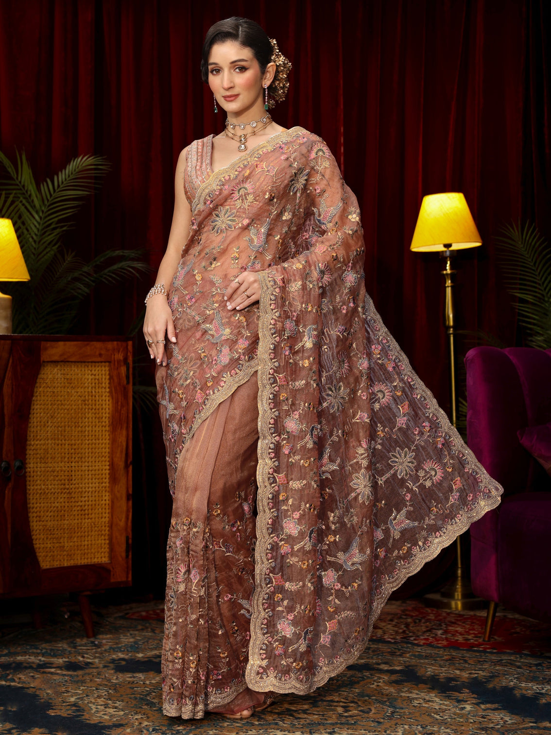 Mameraa Art Peach Pink Floral Stone Work Embellished Tissue Saree