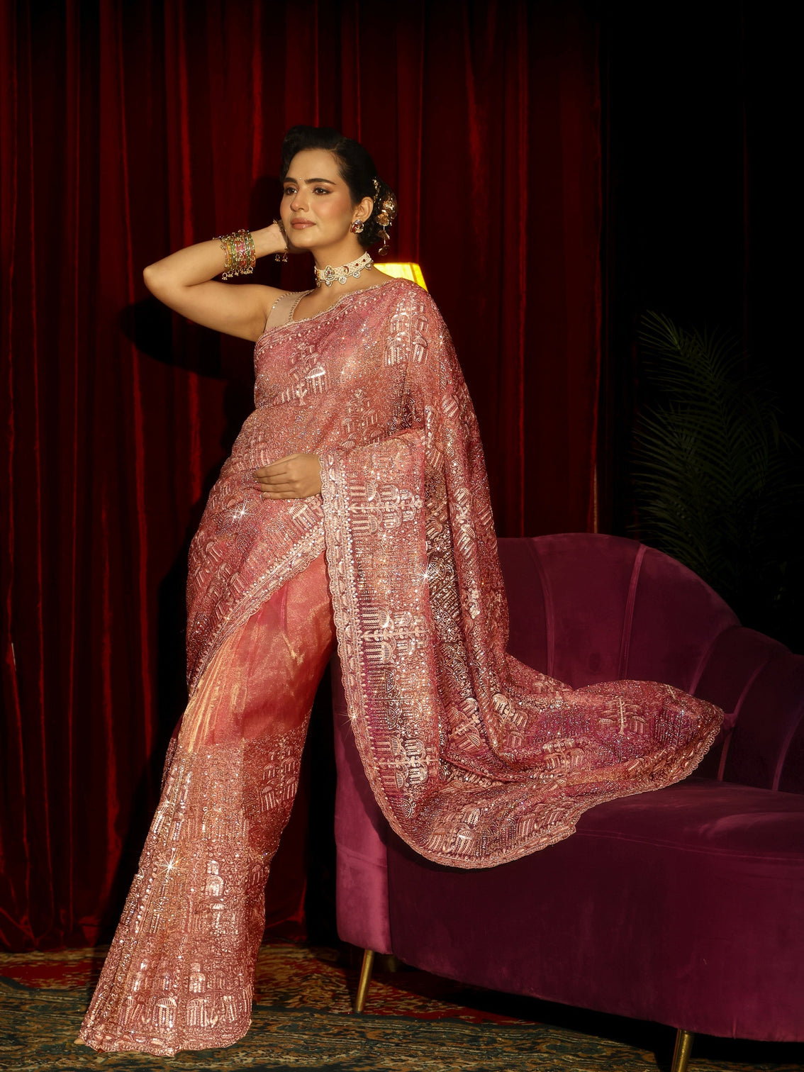 Mameraa Art Peach Pink Sequin Embellished Tissue Saree