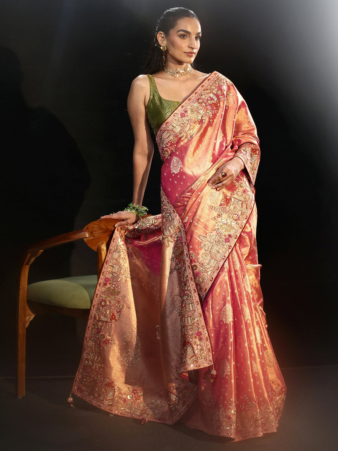 Mameraa Art Peach Woven Design Silk Blend Saree with Embroidered Border