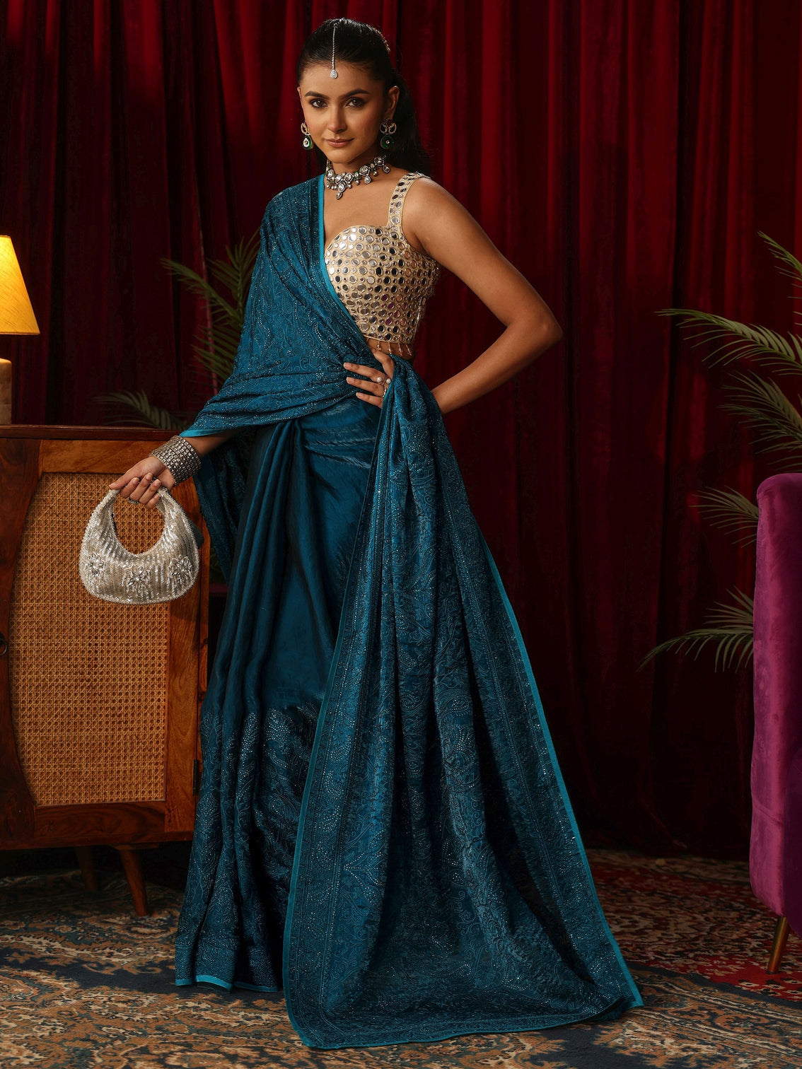Mameraa Art Peacock Blue Embroidered Tissue Saree with Stone Work