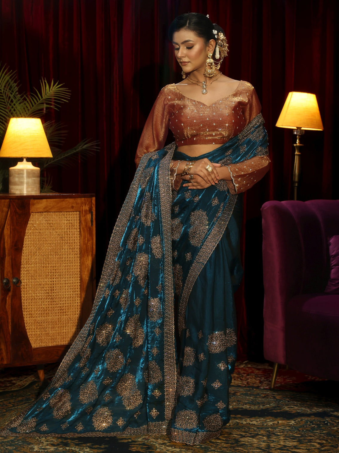 Mameraa Art Peacock Blue Stone Work Embellished Tissue Saree