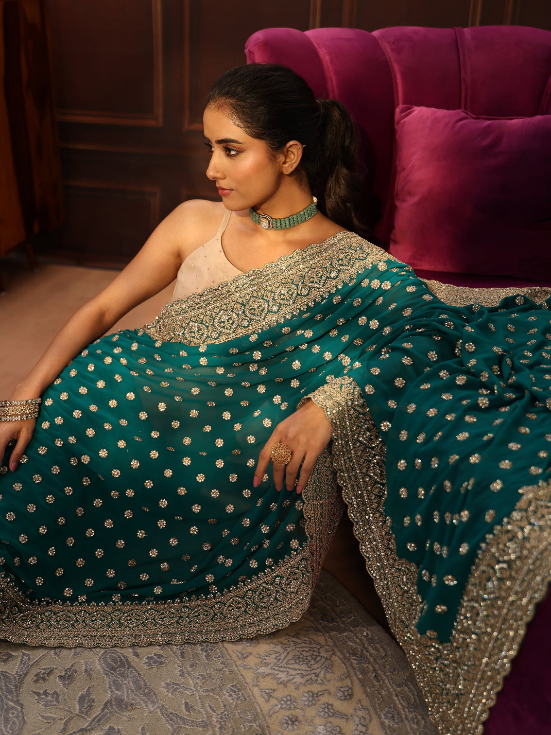 Mameraa Art Peacock Green Embellished Georgette Saree