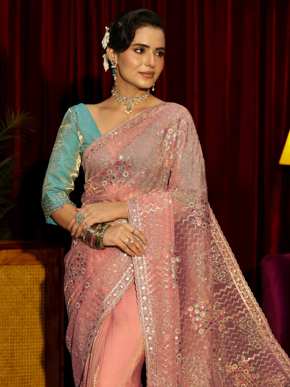 Mameraa Art Pink Chevron Sequin Embellished Tissue Saree