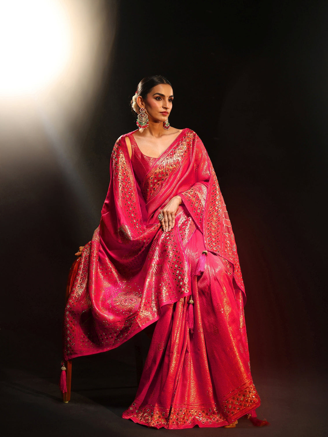 Mameraa Art Pink Embellished Banarasi Silk Blend Saree with Dupatta